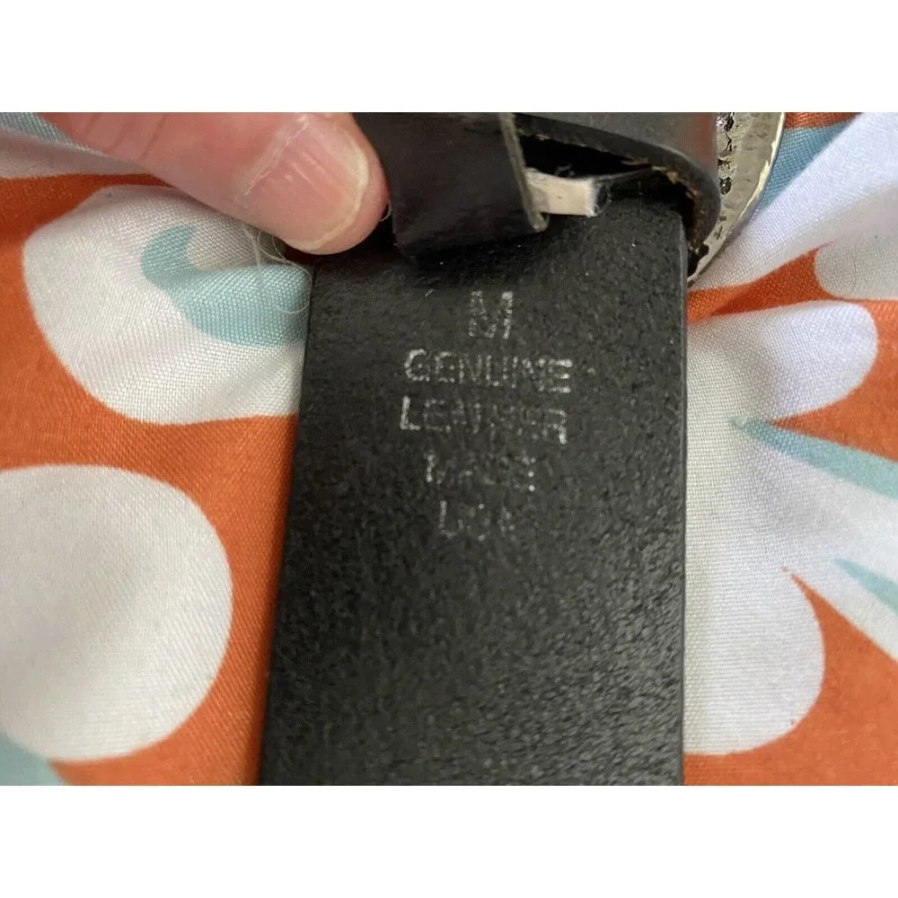 Vintage Express Wide Black Leather Belt Large Buckle Enamel Rhinestones‎ Medium